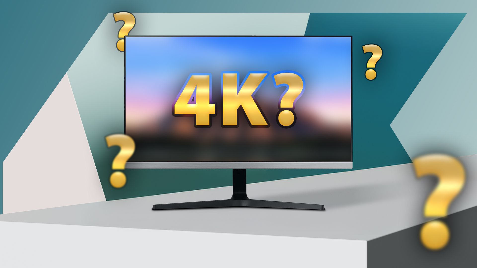 A 4k monitor with some question marks around.