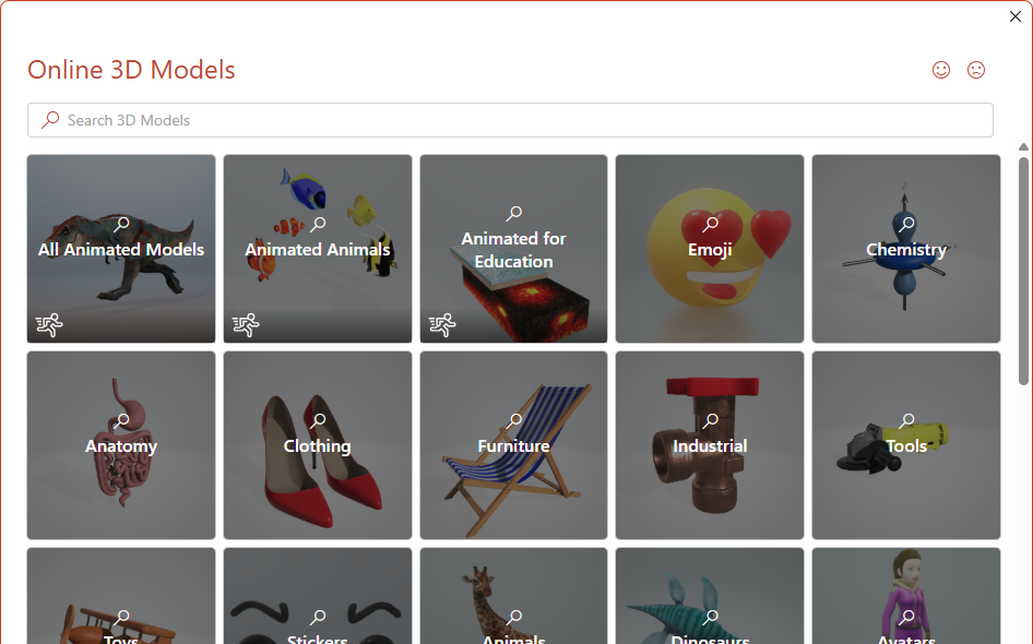 A dialog box in PowerPoint showing Microsoft's gallery of stock 3D models.