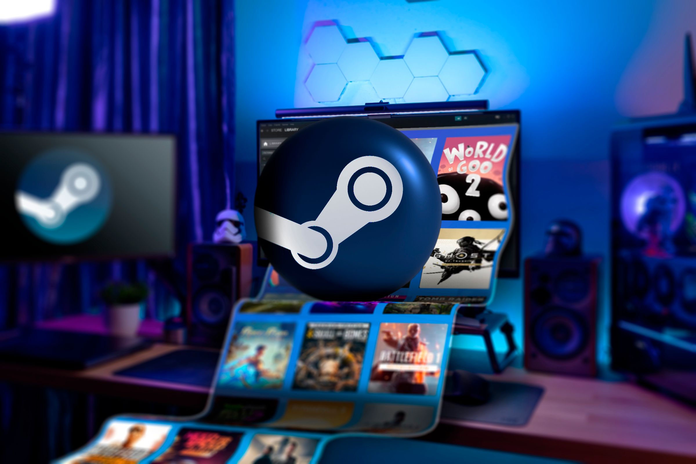 A gaming PC with several Steam games coming out of the screen and the Steam logo in the center.