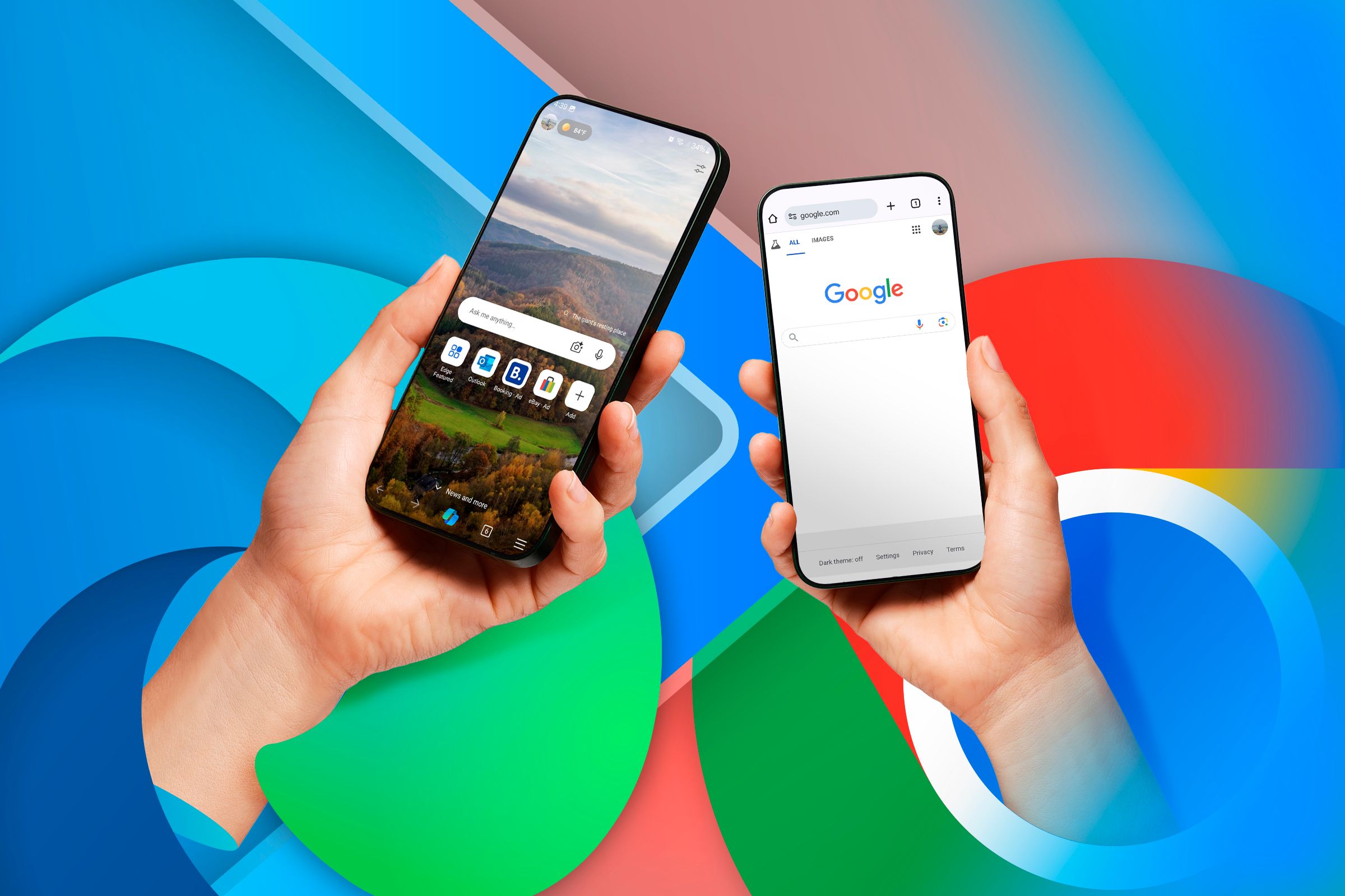 A hand holding a phone with Edge open and its logo in the background, and another hand holding a phone with Chrome open and its logo in the background.