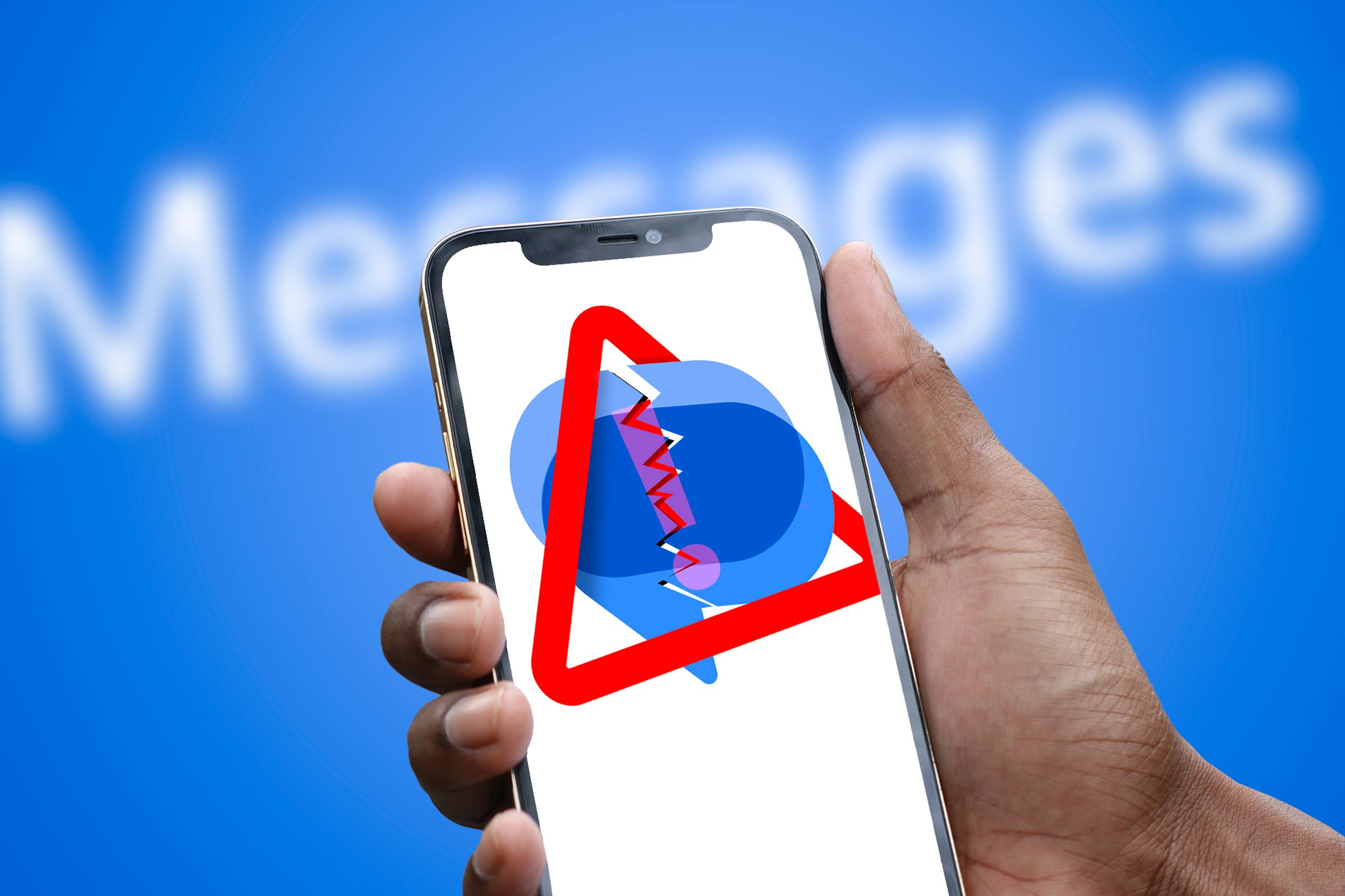 A hand holding a phone with the Google Messages logo and an alert.