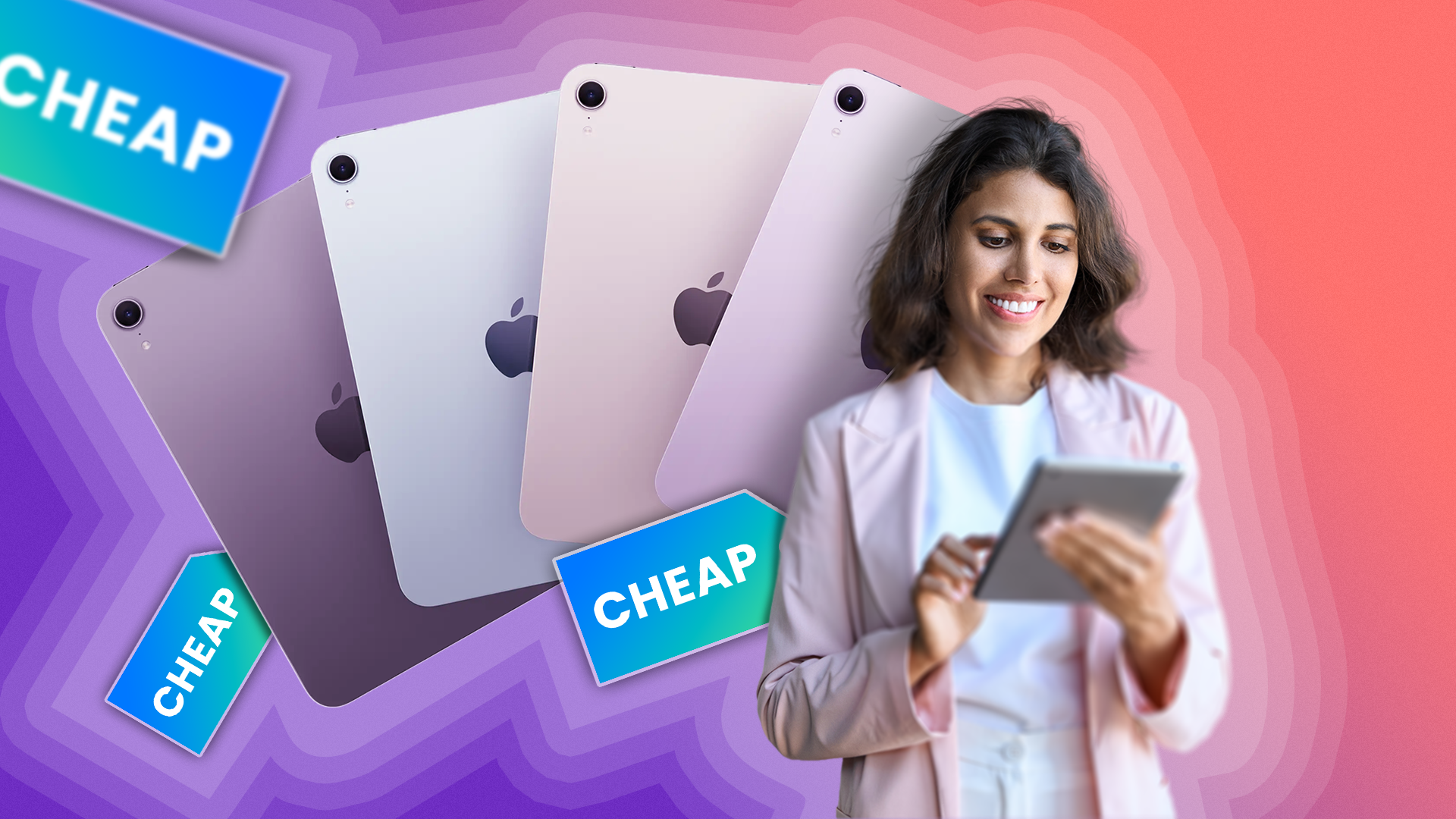 A happy woman holding an iPad, several iPads in the background, and 'cheap' tags around.