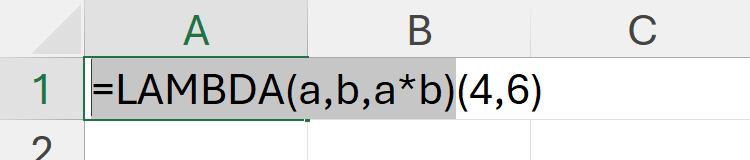 A LAMBDA formula in Excel is selected, up to the end of the first set of parentheses, ready to be copied.