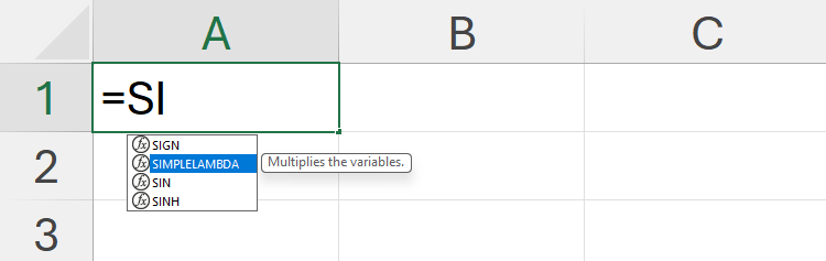 A LAMBDA function created in Excel is selected in the function list after the first two letters of its name are typed into a cell.