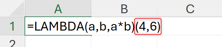 A LAMBDA function in an Excel sheet containing extra parentheses at the end to test the LAMBDA function.