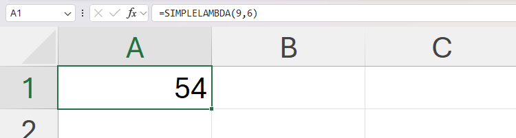 A LAMBDA function that multiplies the two variables to return a result is being used in cell A1 in Excel.