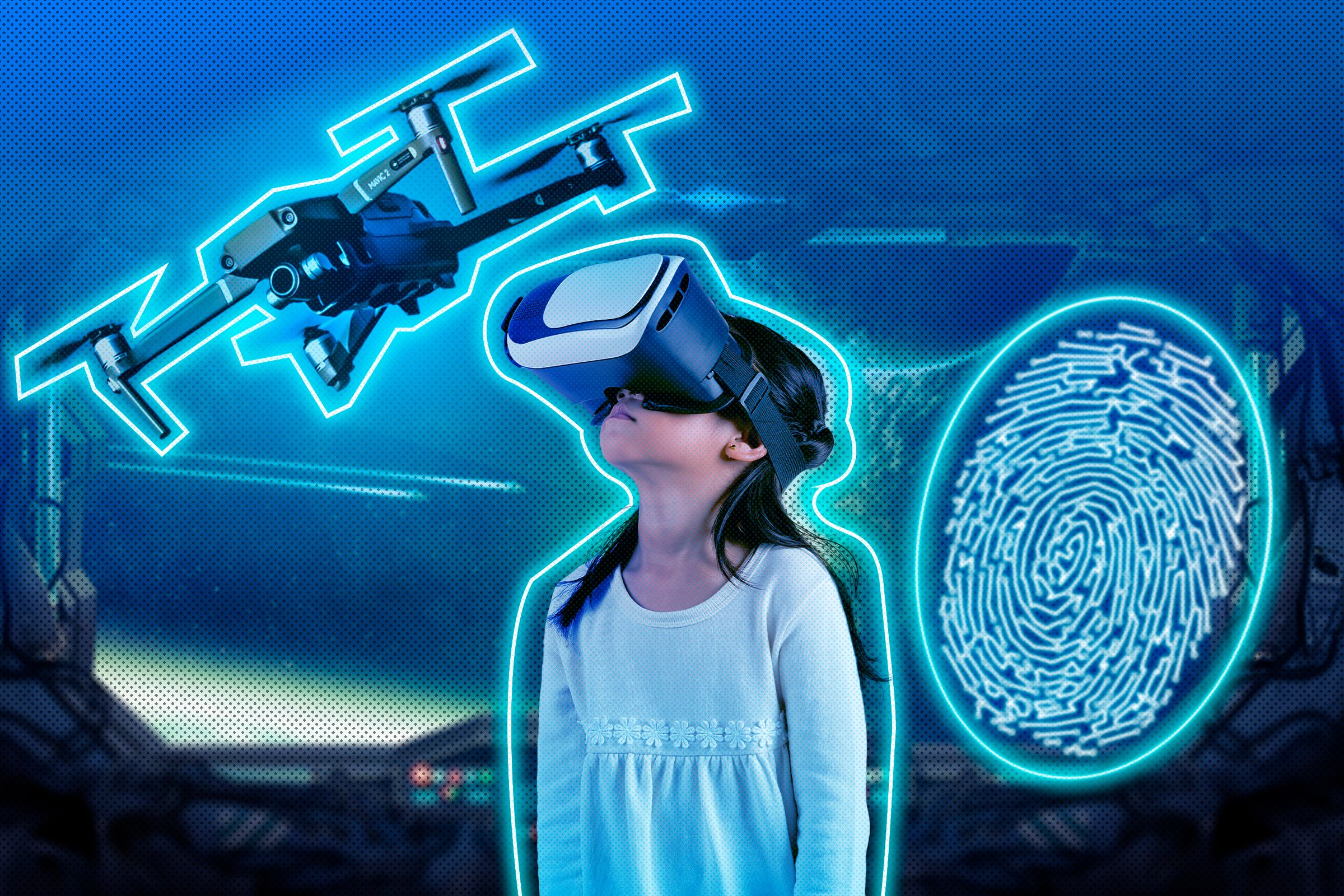 A little girl wearing an AR headset in a spaceship with a fingerprint on the right and a drone on the left.