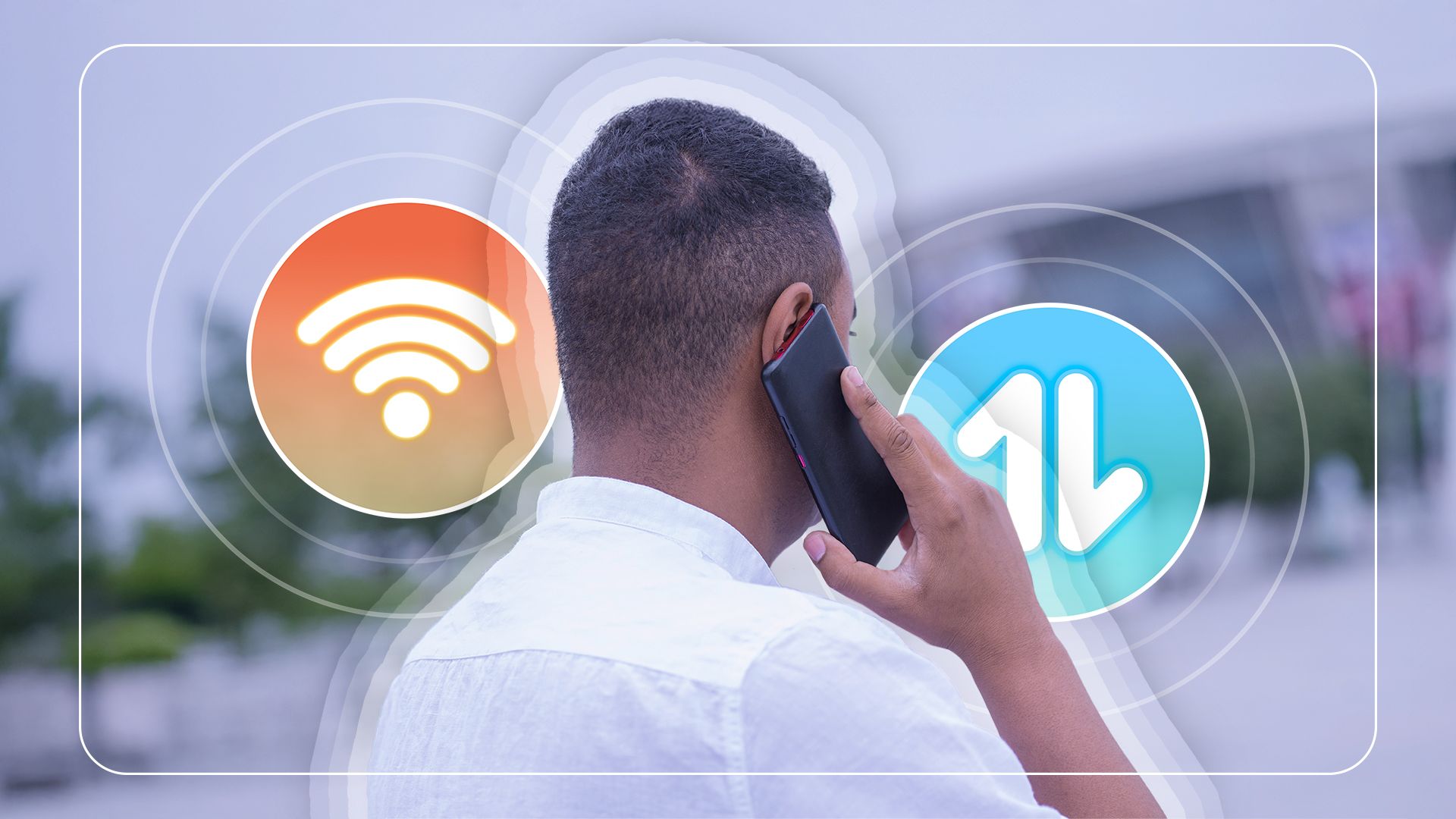 A man seen from behind on a phone call, with the Wi-Fi icon on the left and the cellular data icon on the right.