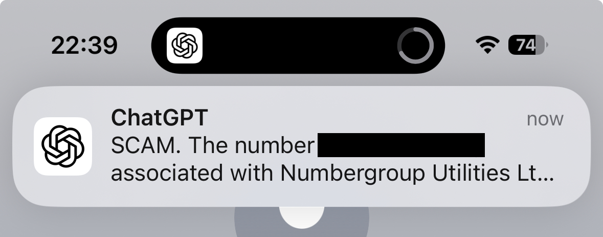 A message from ChatGPT indicating that the number that is calling is spam.