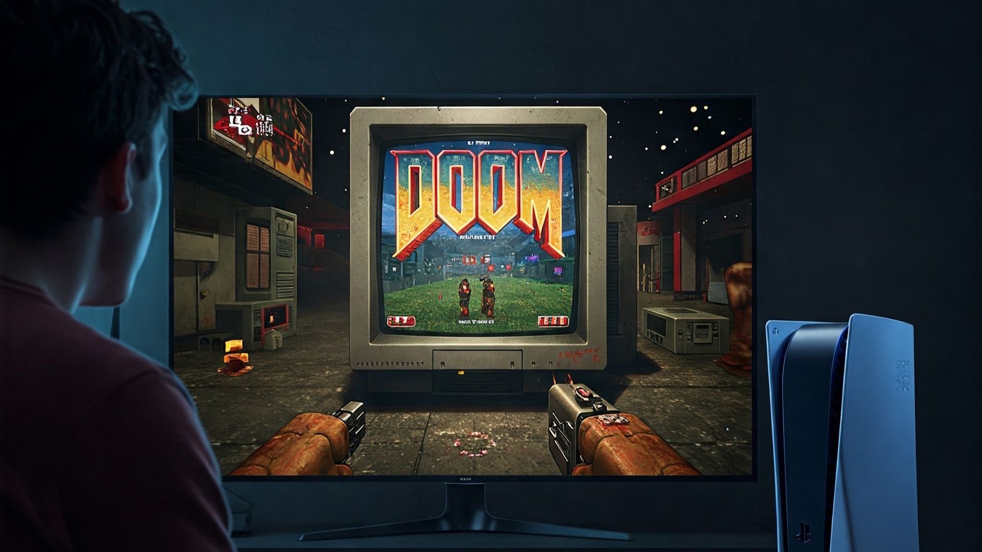 A person Playing DOOM on a PS5.