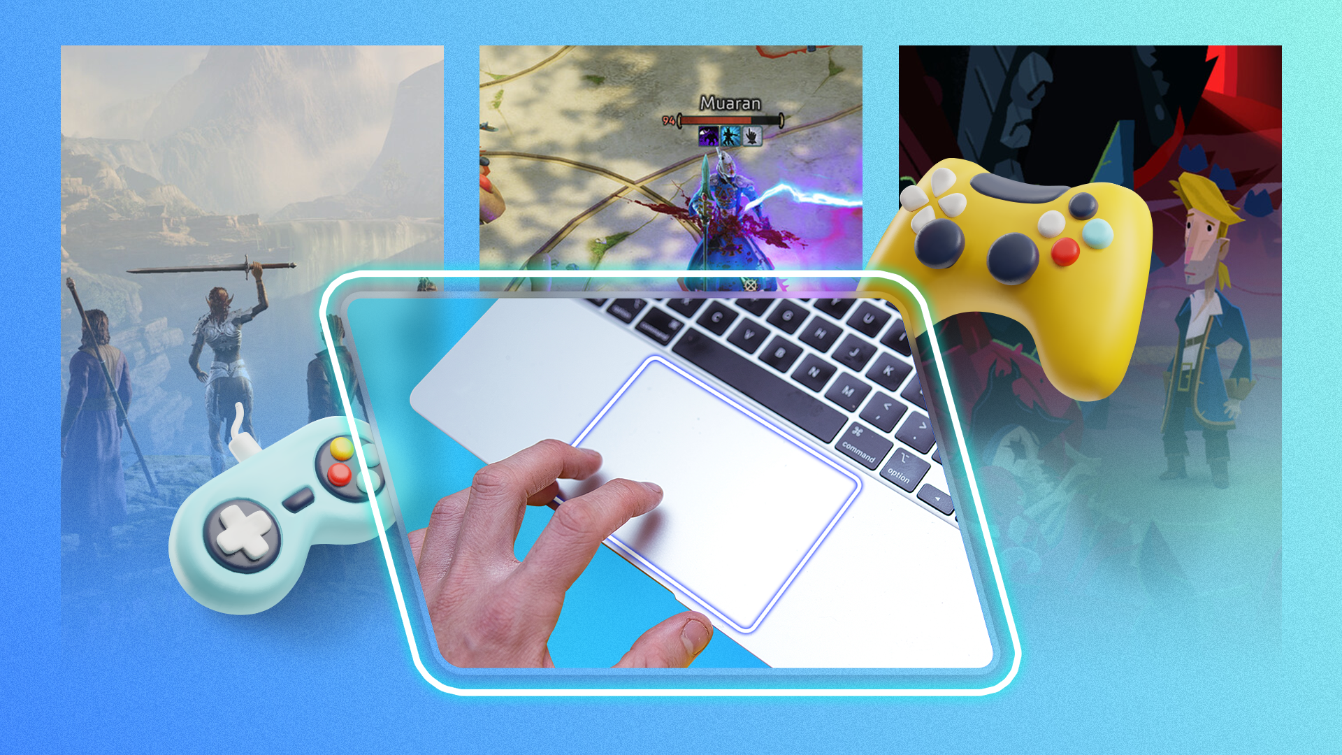 A person using the MacBook mousepad, an illustration of a video game controller next to it, and some games in the background.