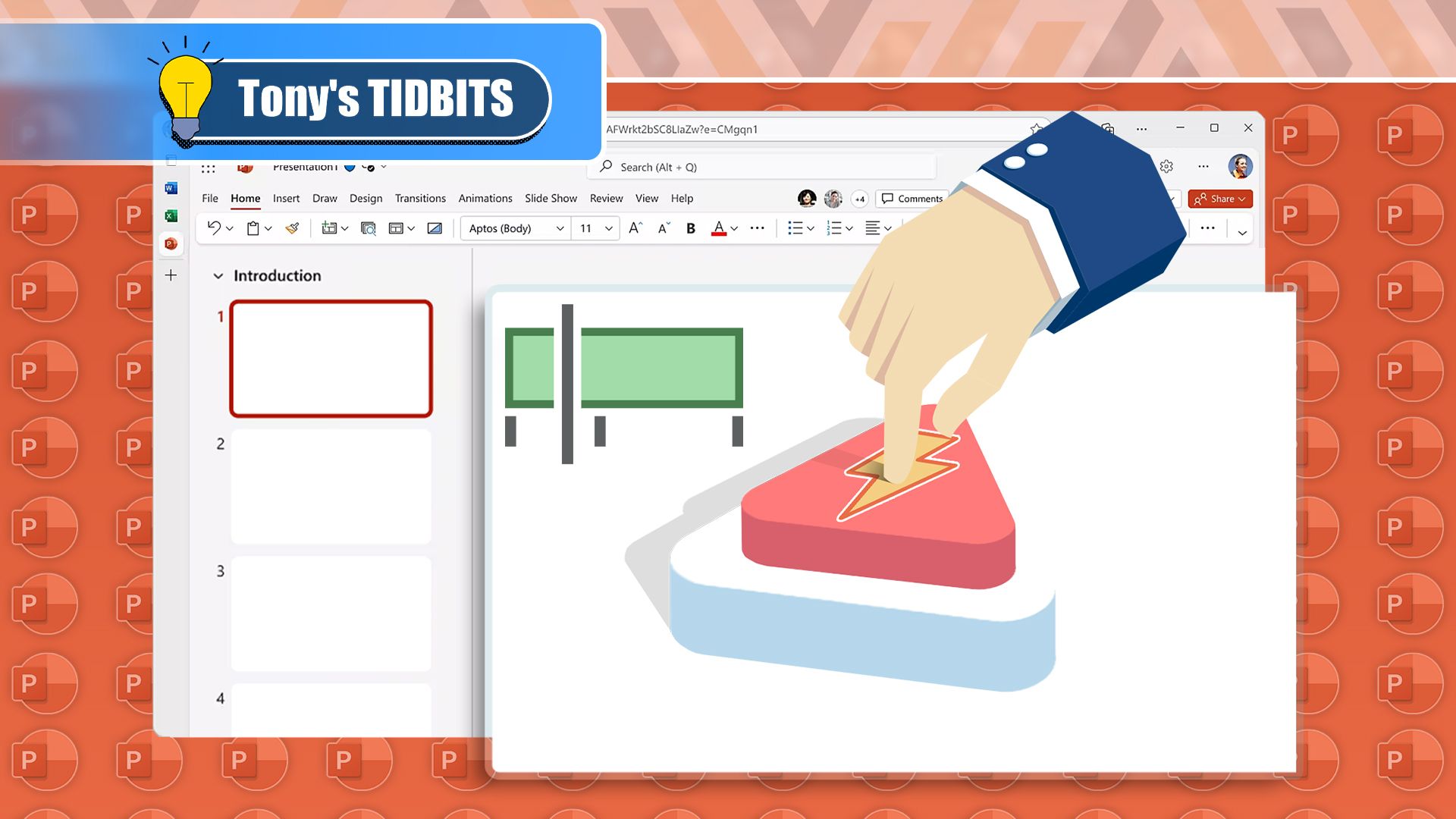 A PowerPoint document with a hand pressing a button with the animation trigger icon.