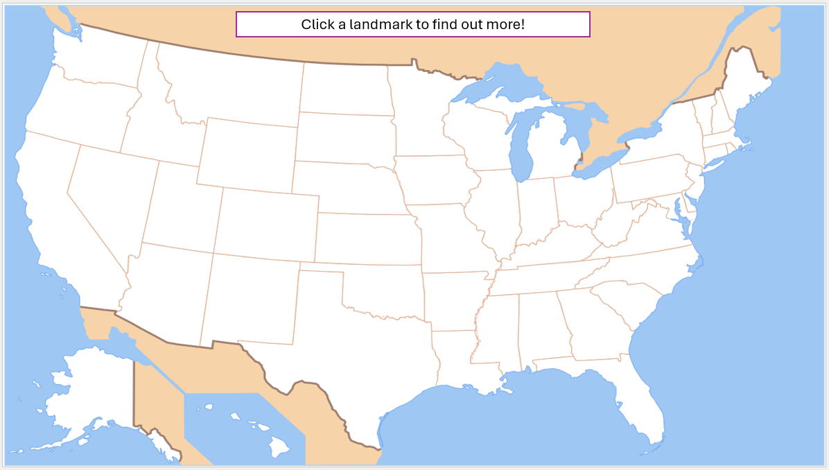 A PowerPoint slide containing a map of the USA, and an instruction text box telling people to click a landmark to find out more information.