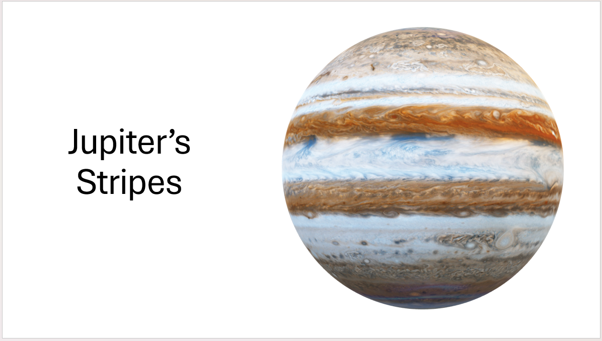 A PowerPoint slide containing a model of Jupiter and a title 'Jupiter's Stripes.'