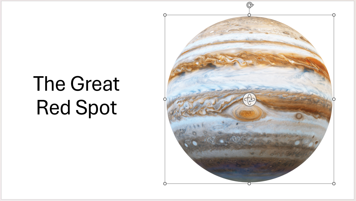 A PowerPoint slide showing a model of Jupiter with the Great Red Spot in the center, and text on the left side of the slide reflects this display.