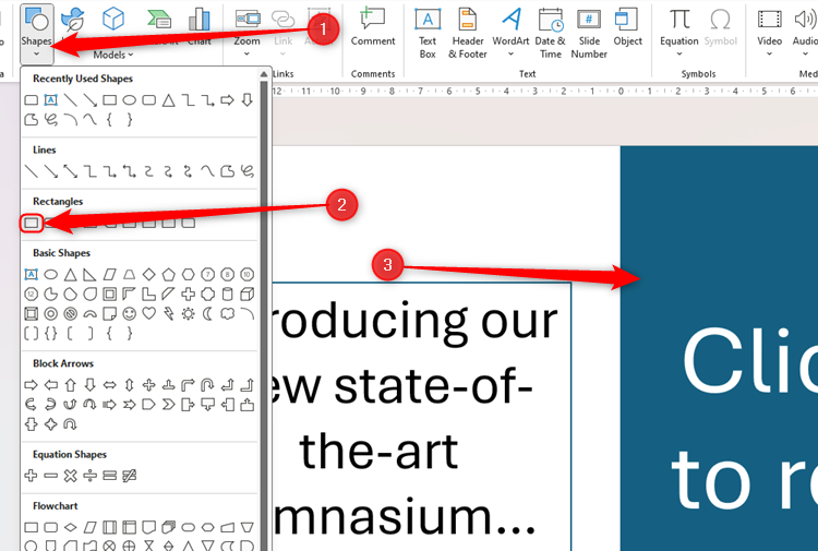 A rectangle added to a PowerPoint slide via the Shapes drop-down menu, and the resultant shape repositioned with text added.