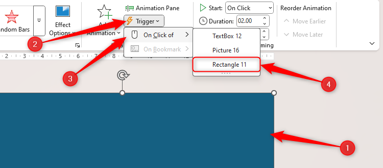 A rectangle is selected in PowerPoint, and the Rectangle 11 option is selected in the On Click Of menu in the Trigger drop-down menu.