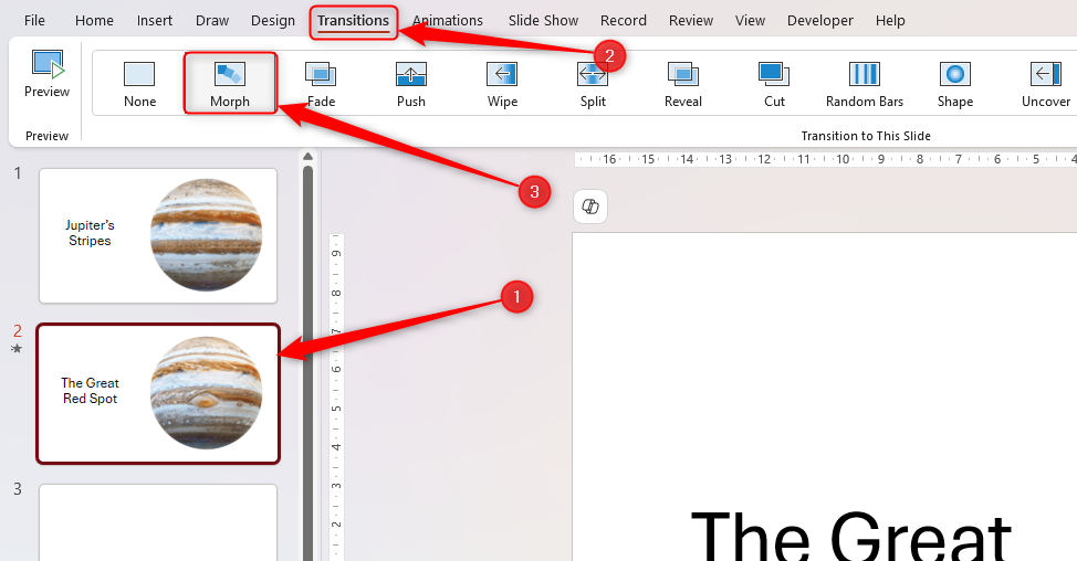 A slide is selected in PowerPoint's thumbnail pane, and the Morph button in the Transitions tab is selected.