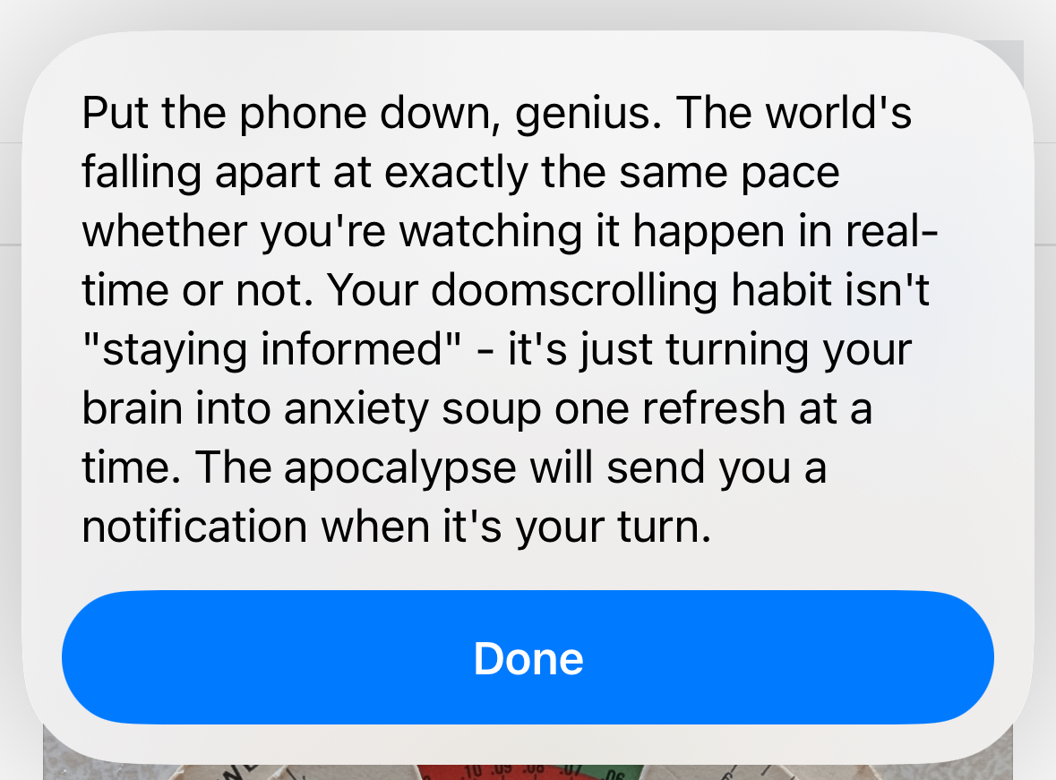 A snarky message generated by Claude AI trying to shame the reader into stopping doomscrolling.