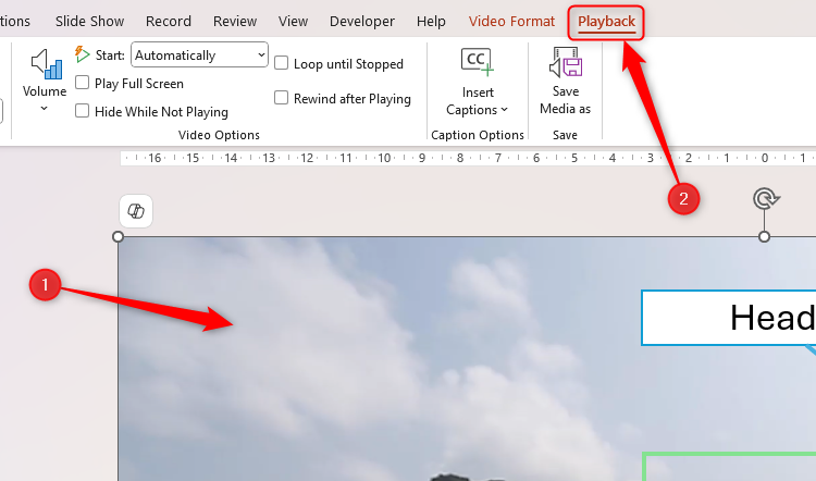 A video in PowerPoint is selected, and the Playback tab on the ribbon is opened.