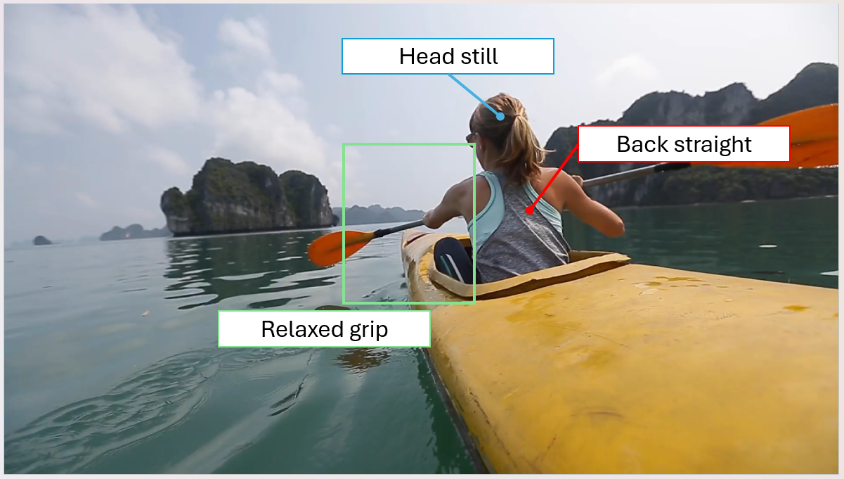 A video in PowerPoint of a person kayaking, with three labels placed over the top of the video to highlight key techniques.