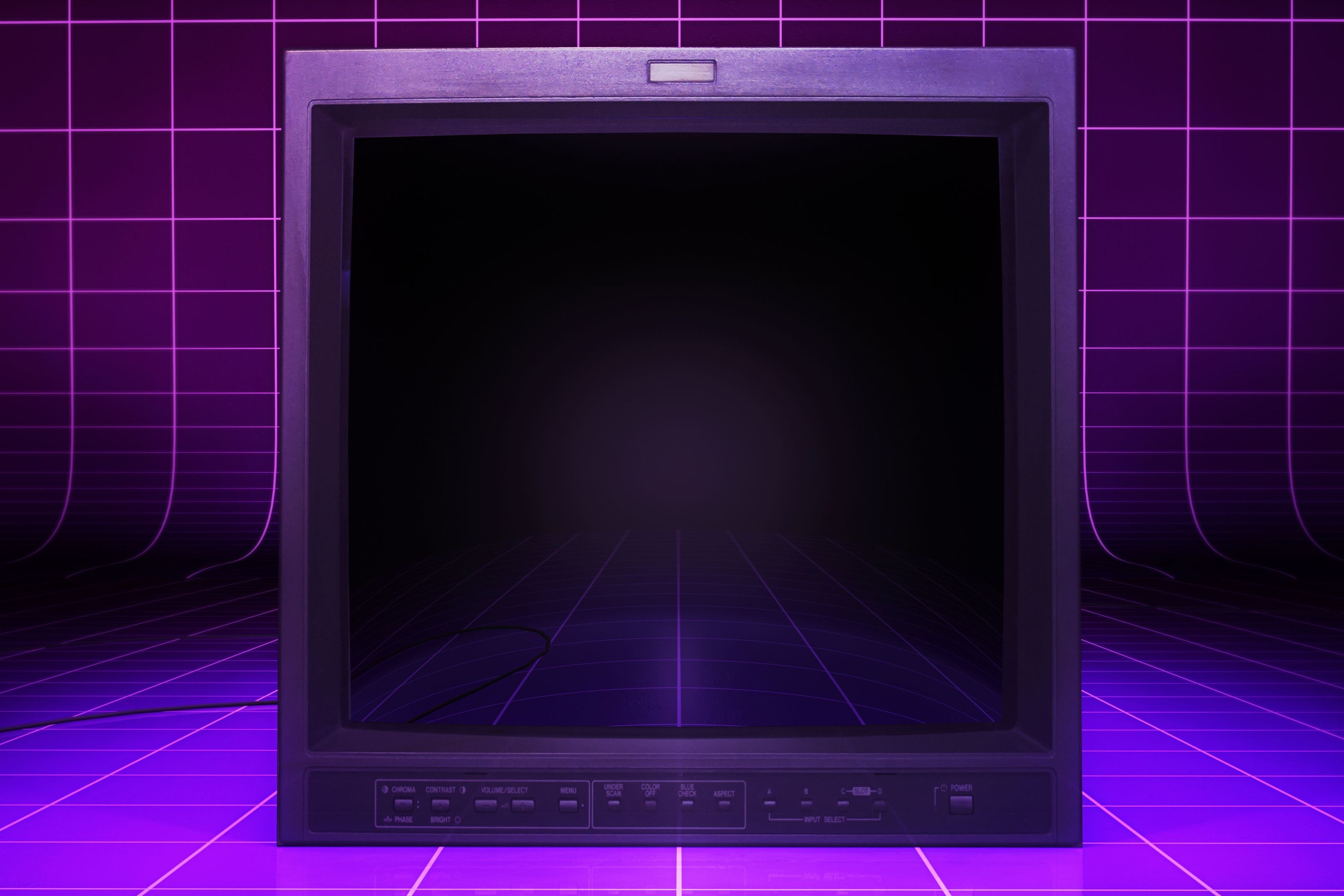 A vintage CRT monitor with a purple retro arcade grid background.