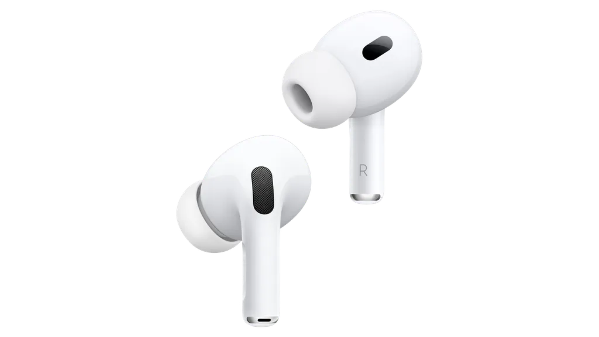 Image of the AirPods Pro 2 earbuds over a white background.