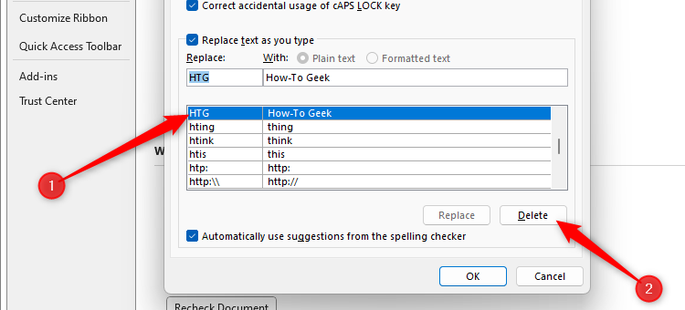 An AutoCorrect entry in Word is selected, and the Delete button is highlighted.
