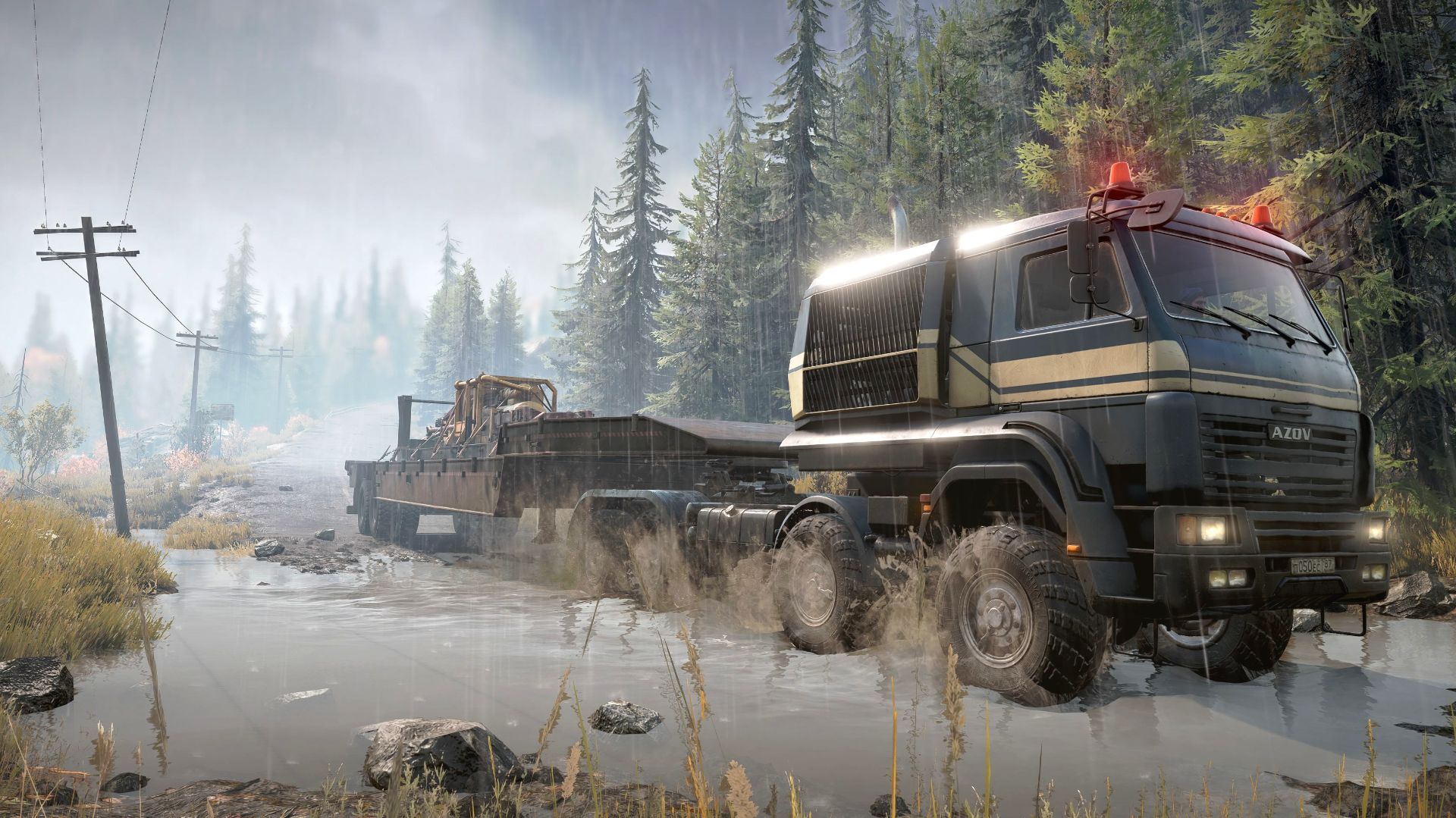 An Azov truck hauling drilling equipment in SnowRunner.