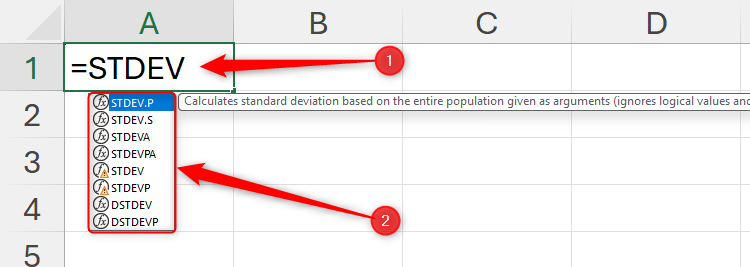 An equal sign and STDEV is typed into cell A1 in an Excel sheet, and the various standard deviation functions are displayed in a list.