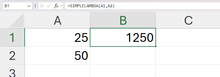 An example of a straightforward LAMBDA function in Excel that multiplies the values in two cells.