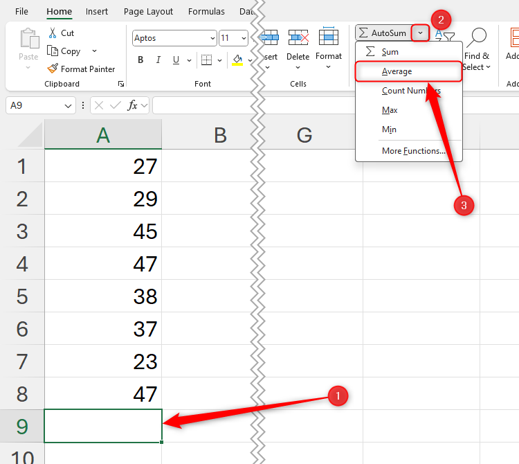 An Excel sheet containing numbers in cells A1 to A8, and the Average option is selected in the AutoSum drop-down menu to be applied to cell A9.