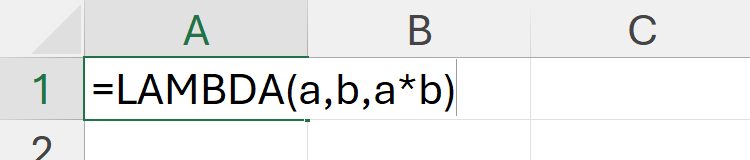 An Excel sheet containing the skeleton of a straightforward LAMBDA function in cell A1.