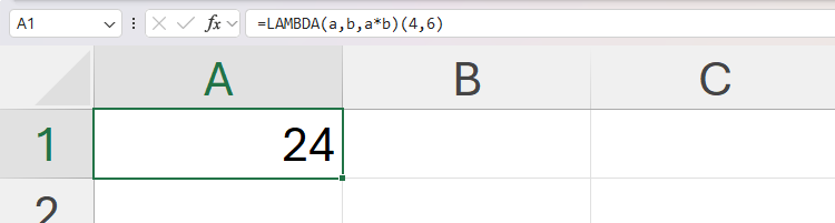 An Excel sheet displaying the result of a simple LAMBDA test, with the LAMBDA formula displayed in the formula bar.