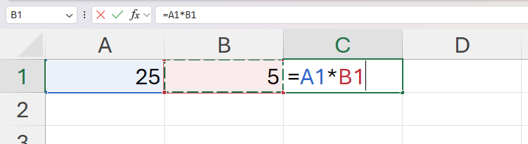 An Excel sheet with 25 in cell A1, 5 in cell B1, and a multiplication sum referencing cells A1 and B1 in cell C1.