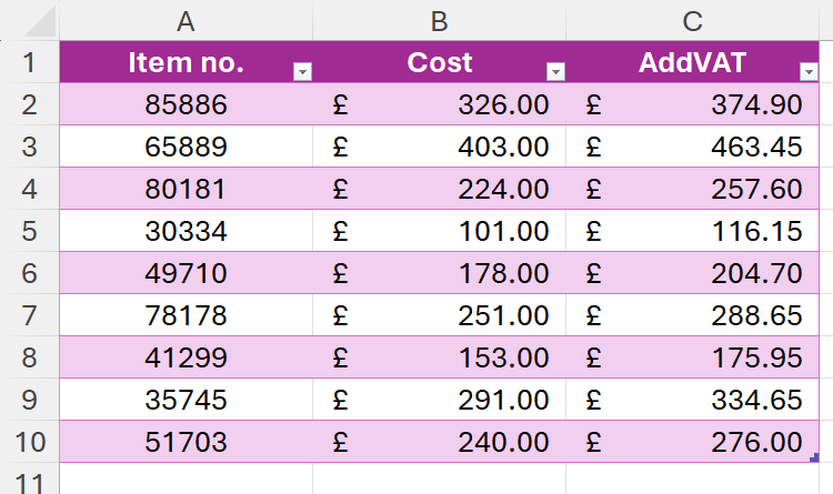 An Excel table containing a LAMBDA function whose calculation has been changed and is reflected in the values.