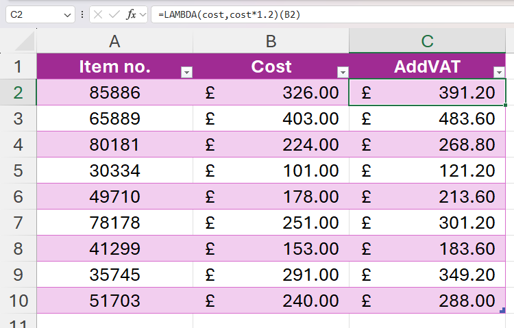 An Excel table containing a test LAMBDA function in additional parentheses.