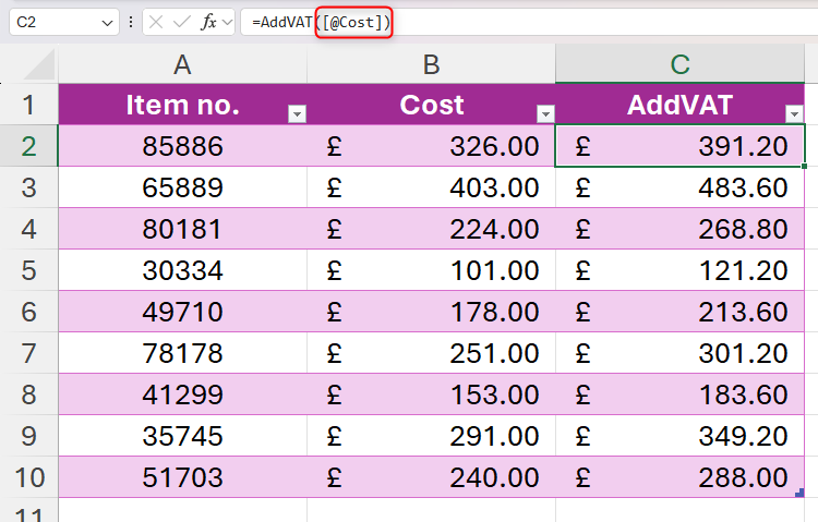 An Excel table that uses a LAMBDA function to perform a calculation.