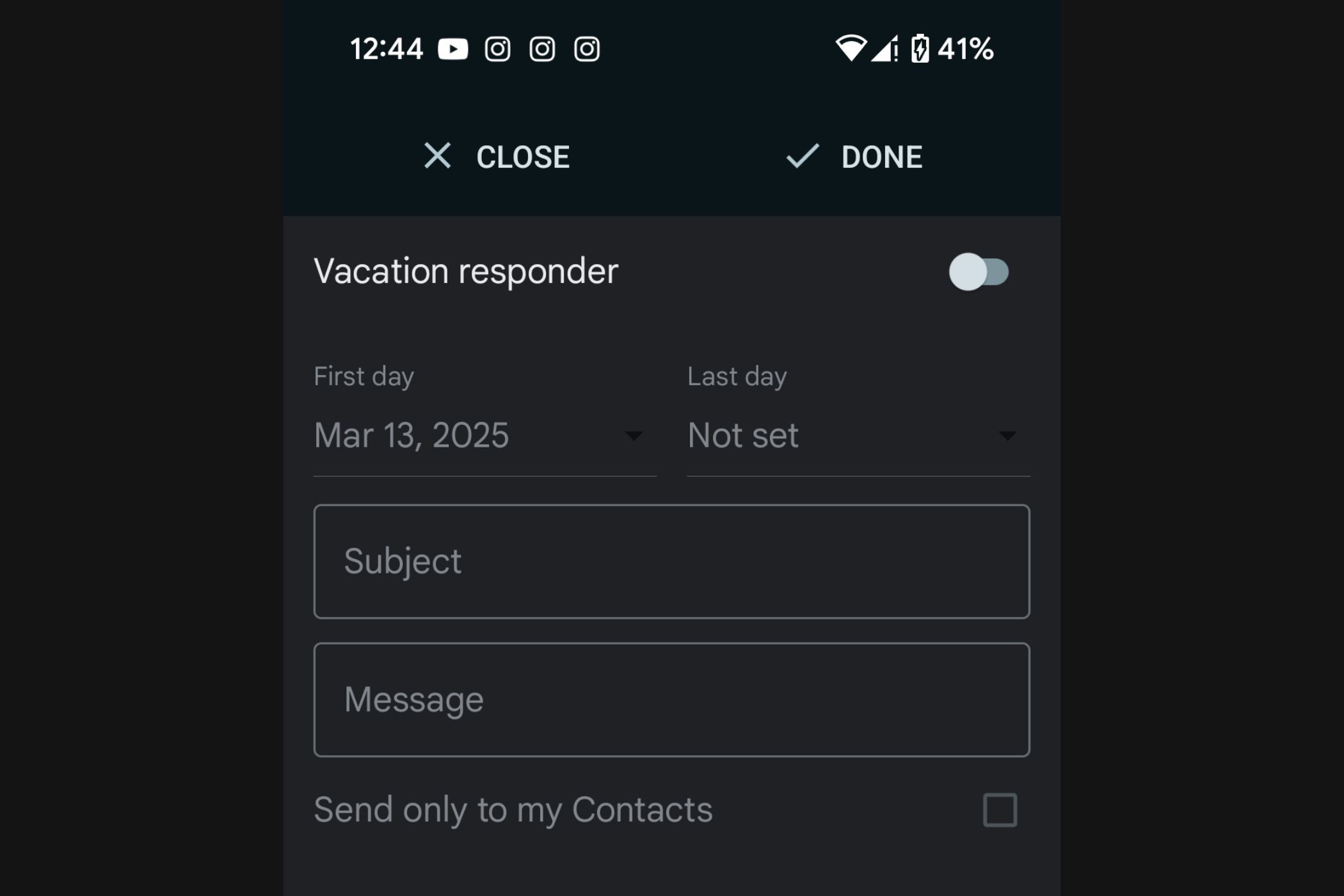 An image showing the Vacation responder settings