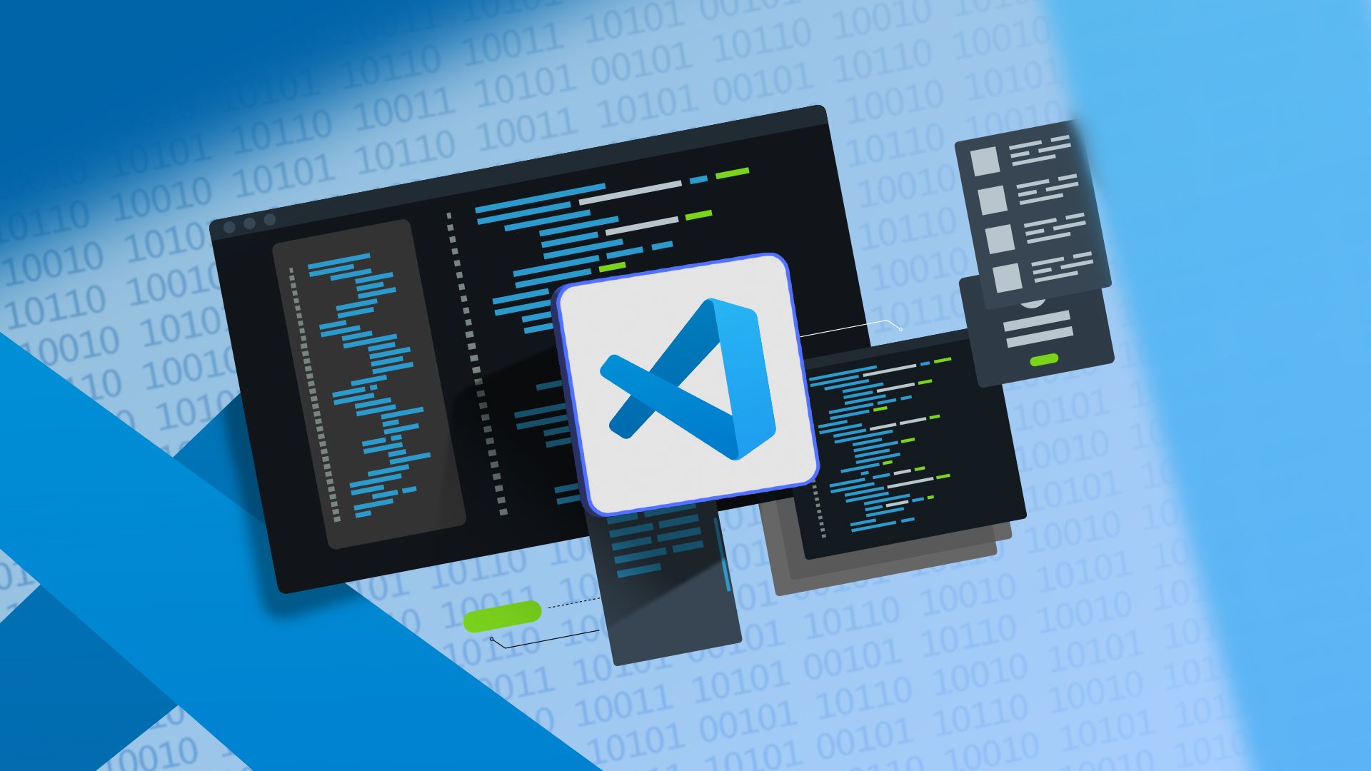 An integrated developer environment and the VS Code logo in the center.