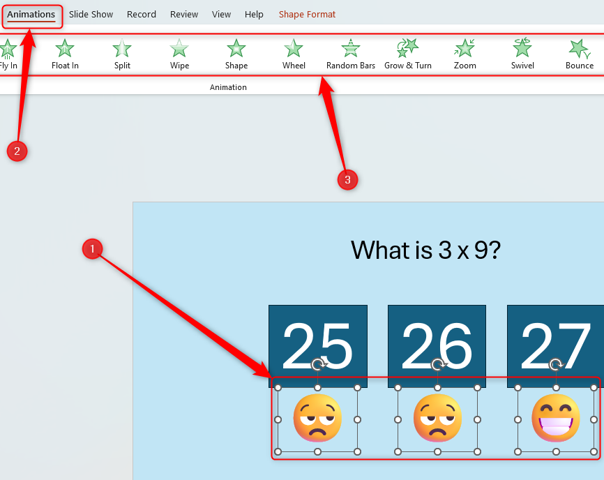 A PowerPoint slide with three items selected and the Animations pane open at the top of the window.