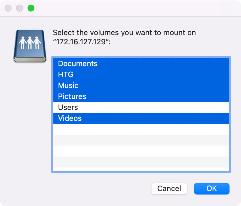 Choosing network volumes to mount in the Finder's Connect to Server window on macOS.