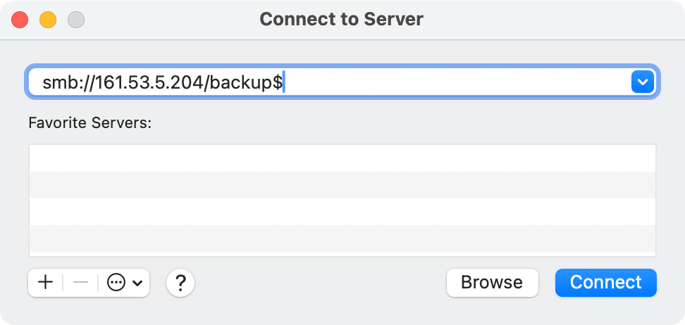 The Connect to Server window in macOS displaying an SMB remote share address.