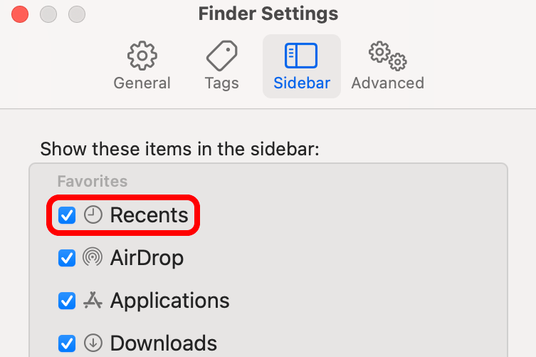 The macOS Finder settings with the Recents sidebar section ticked.