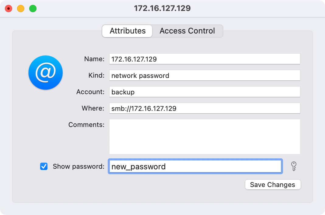 Updating a saved network password in macOS Keychain Access.