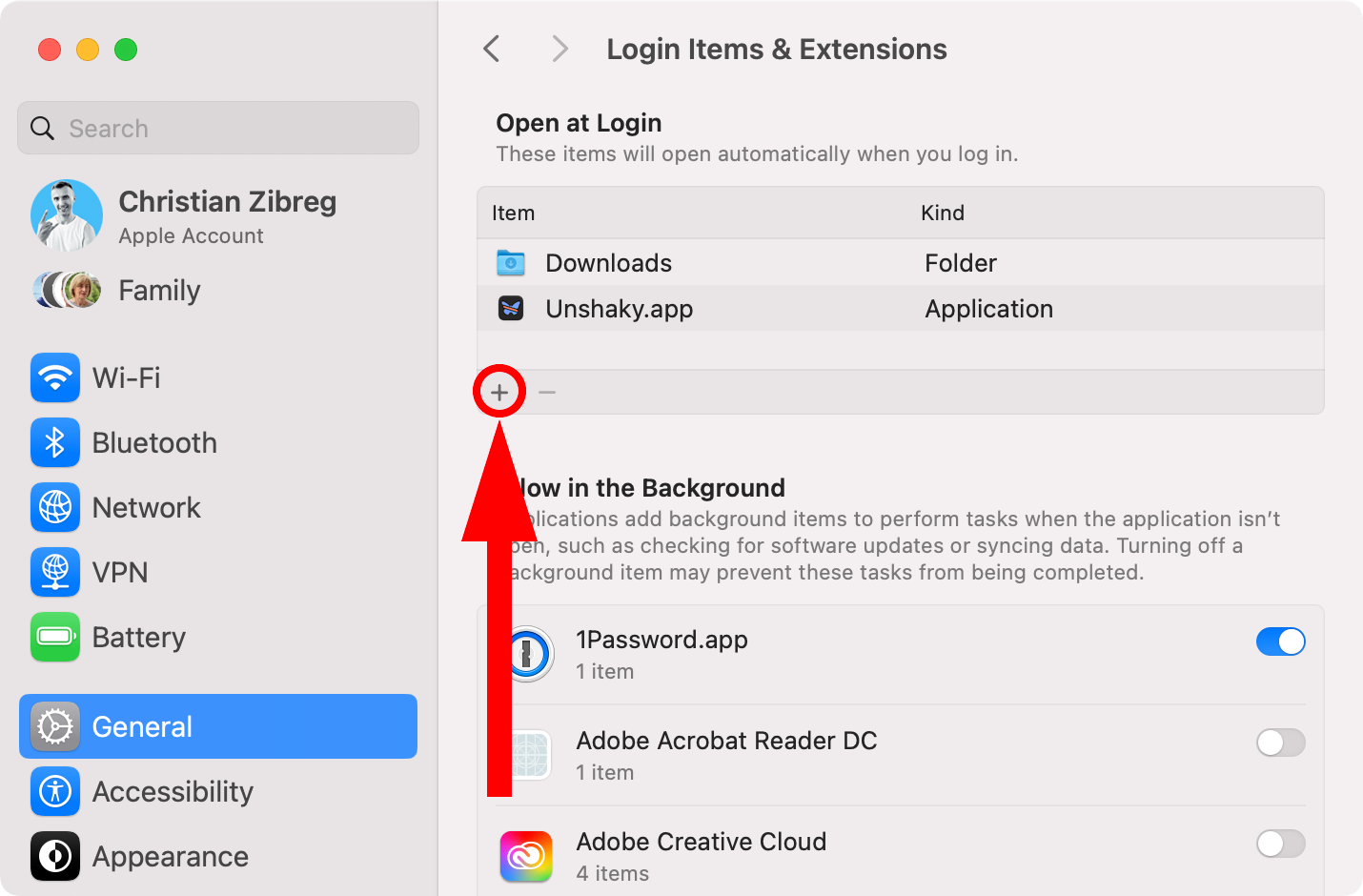 The Login Items section in macOS System Settings with the plus button annotated.