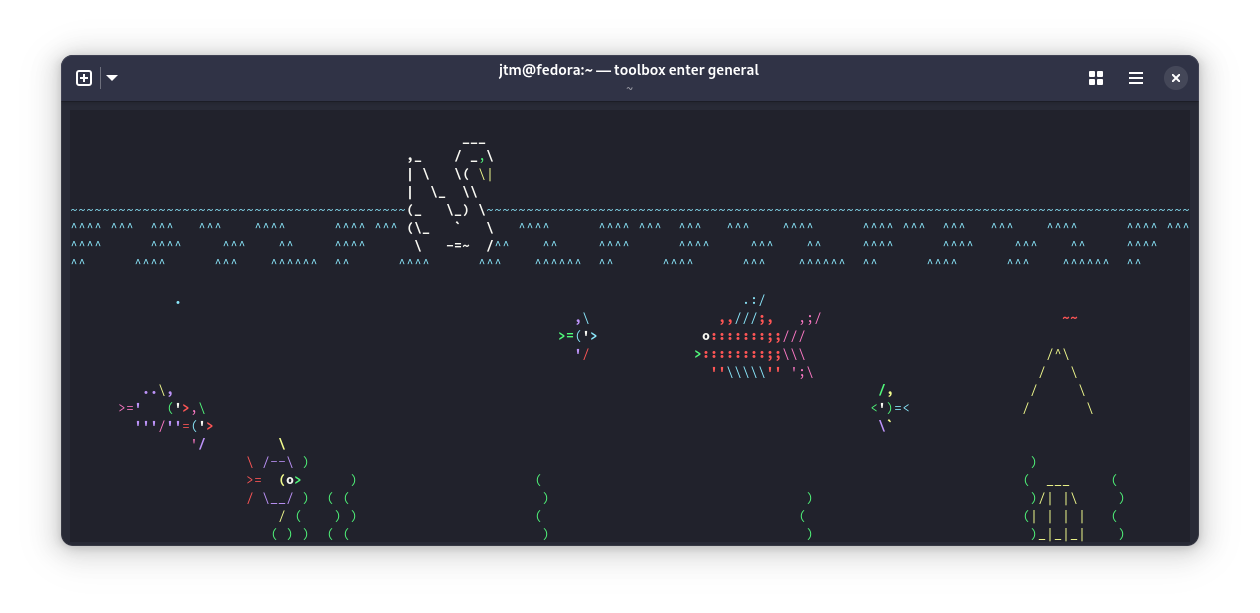 Colorful output of the asciiquarium command in a Linux terminal