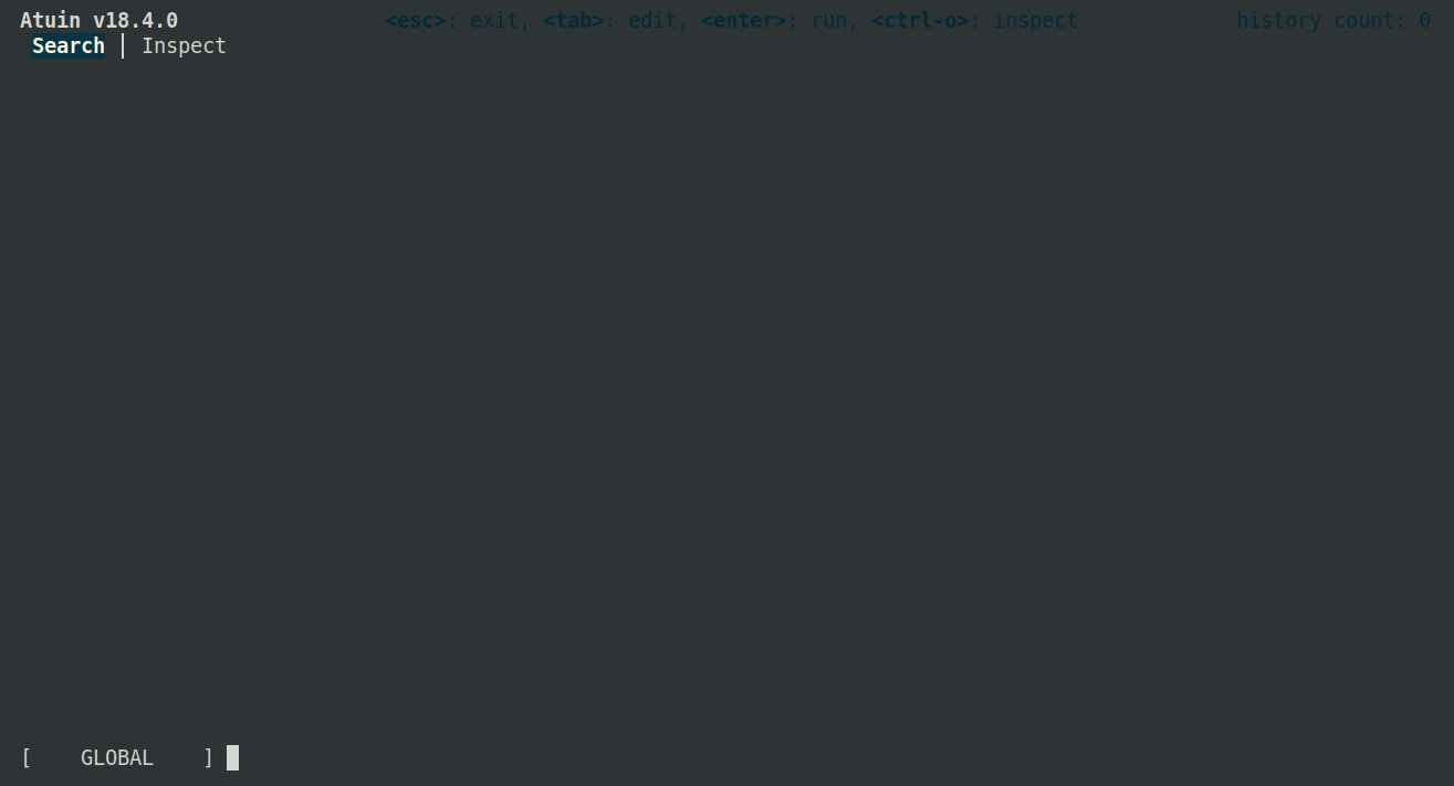 A mainly-blank screen showing Atuin's version and Search / Inspect tabs in the upper left, with a label reading "GLOBAL" in the bottom left.