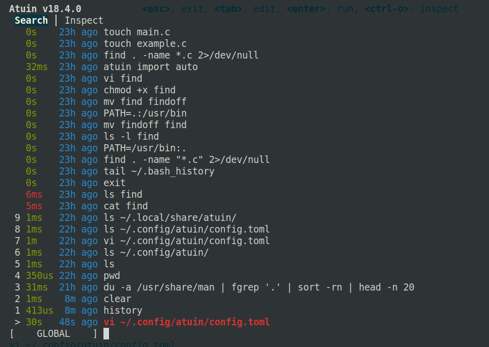 The Atuin program showing color-coded command history, in a full-screen list, with timing information.