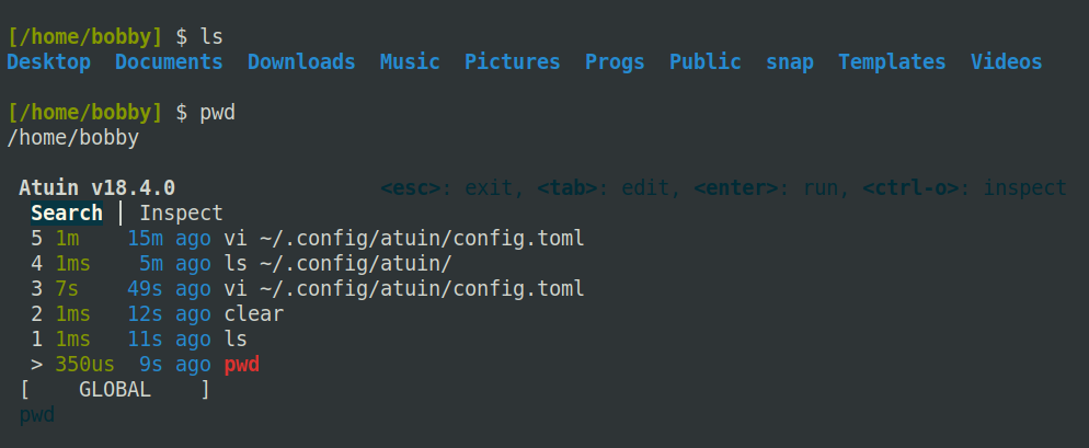 The Atuin program showing an inline command history taking up just ten rows of the terminal.